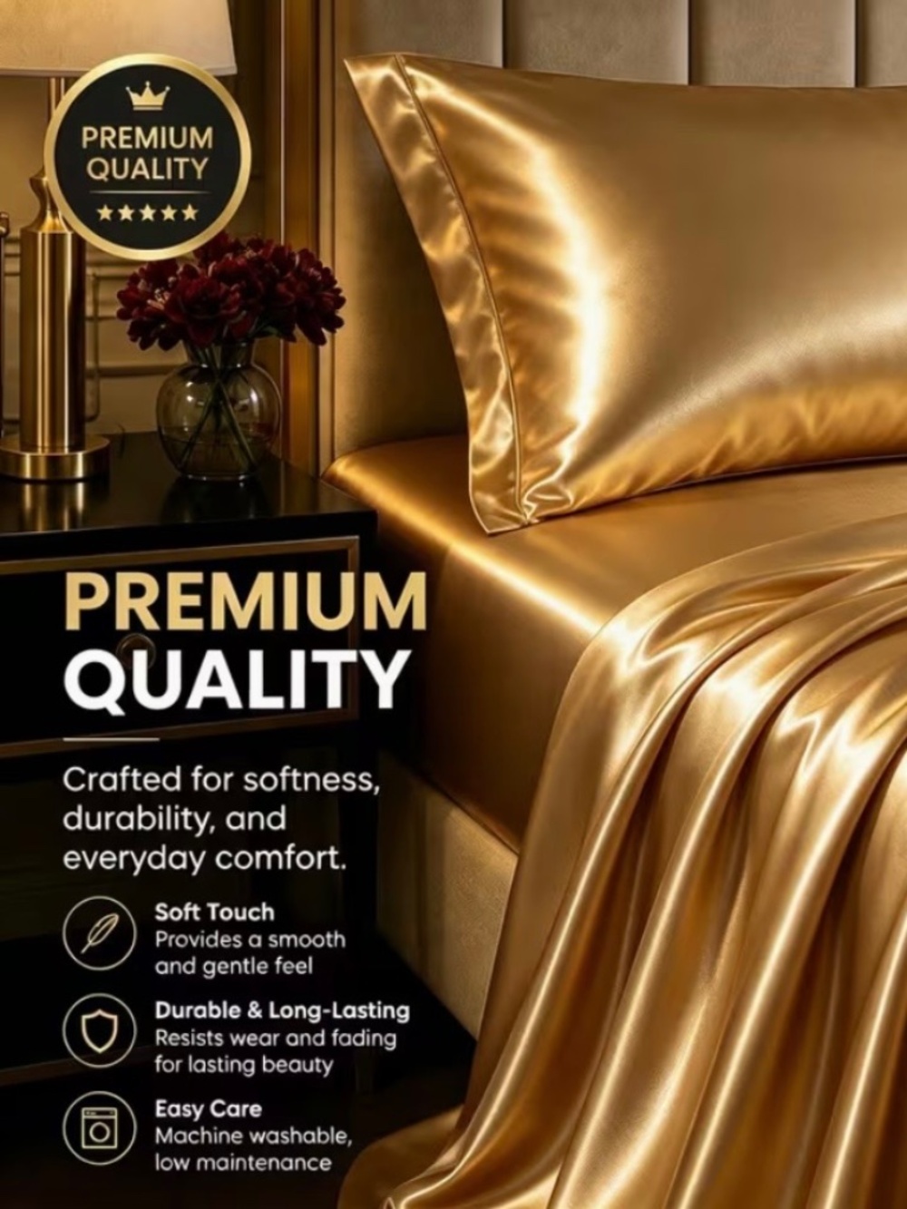 NEW Queen Satin Sheet Set – 4 Piece – Gold/Champagne